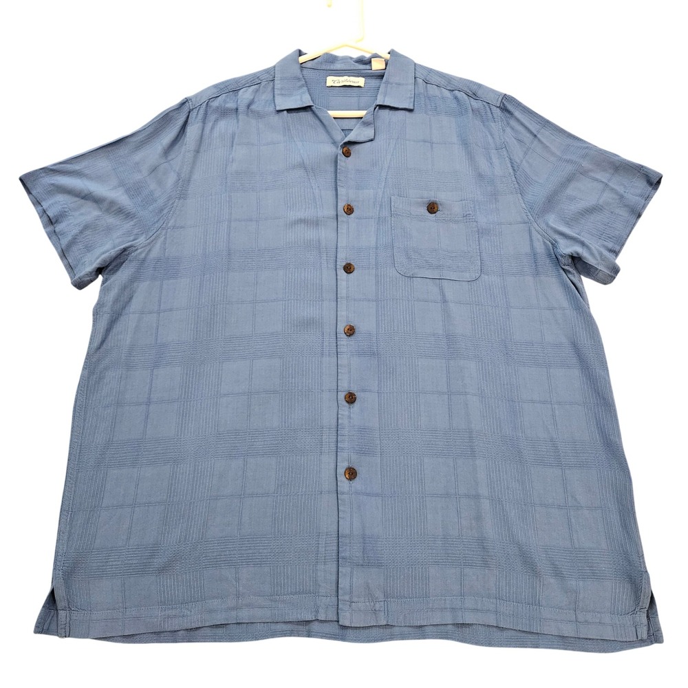 Caribbean Mens XL Blue Rayon Short Sleeve Textured Camp Shirt Windowpane Check